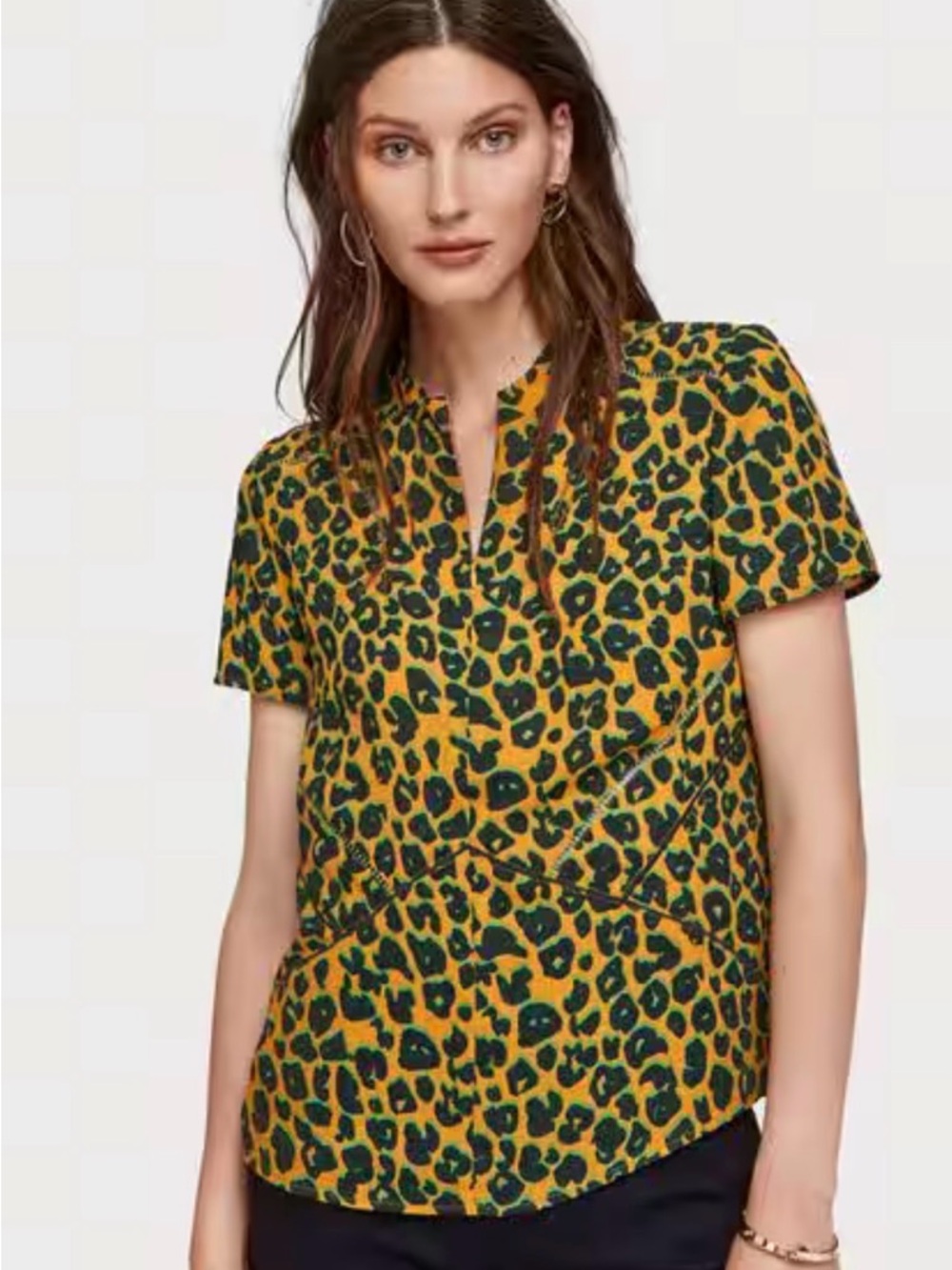Scotch & Soda Yellow and Dark Green Leopard-Print Short Sleeve Blouse